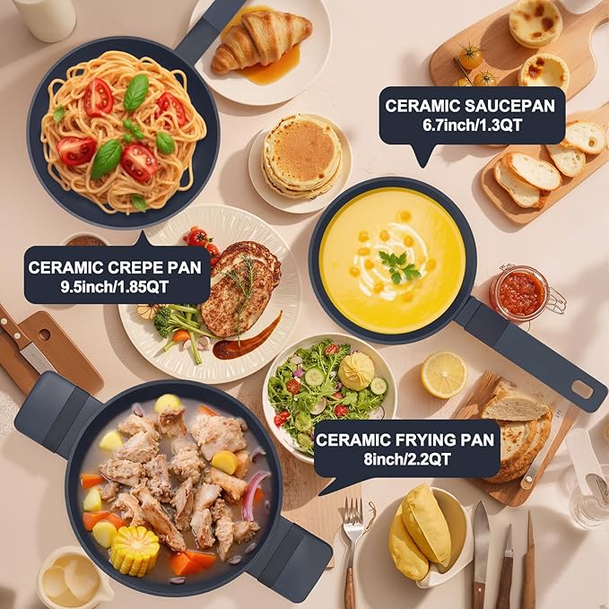Nonstick Cookware Set, Ceramic Pots and Pans Set Non Toxic, 5-Piece Induction Ready Frying Pan & Saucepan with Lid, 3mm Aluminum Even Heating, Dishwasher Safe
