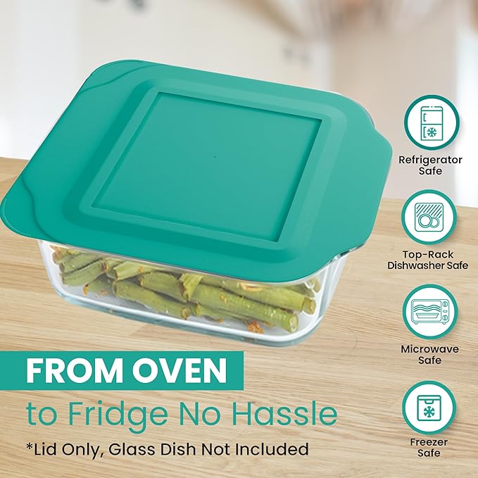 Replacement Lid for Pyrex 2-Quart 8" x 8" Glass Baking Dish #222, Compatible with Lid #222-PC, Food Storage Container Cover with Flush Tab Handles (Teal)