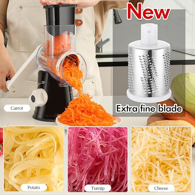 Ourokhome Rotary Cheese Grater Hand Crank, Kitchen Shredder Speed Mandolin Slicer Ice Shaver with Handle and Drum Blades for Cheese, Vegetable, Nuts, Chocolate, Potato, Carrot, 5 Blades, Black