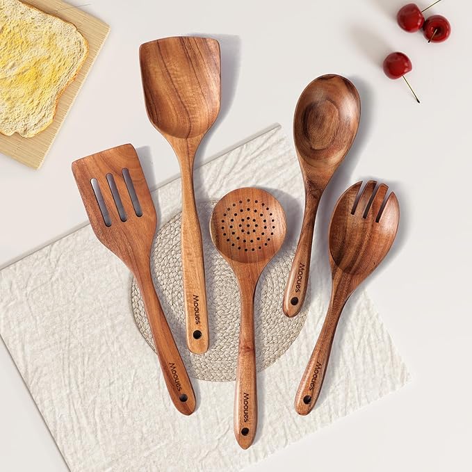 Wooden Spoons for Cooking, 5 Pcs Wooden Utensils for Cooking Natural Teak Wooden Kitchen Utensils Set