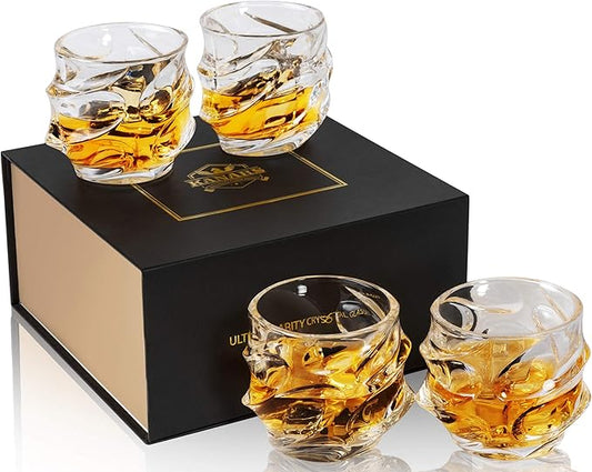 KANARS Old Fashioned Whiskey Glasses 11 Oz - Emperor Rocks Glasses Set of 4 for Bourbon Cocktail Scotch Snifter Malt Cognac - Heavy Crystal Bar Glassware - Unique Men Gift