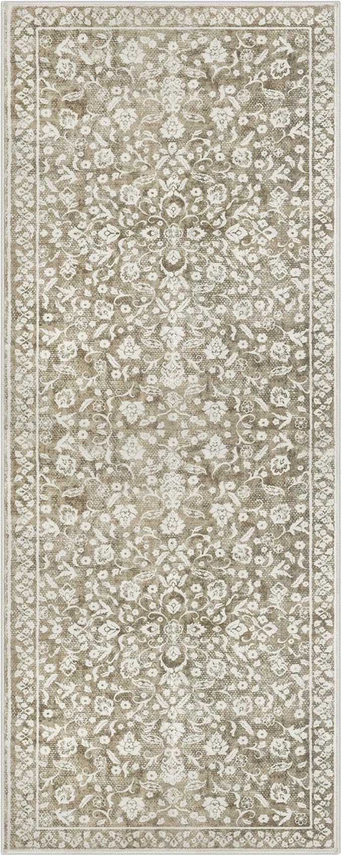 Vintage 2x7 Runner Rug, Beige Washable Runners for hallways, Super Soft Kitchen Runner Rug Non Slip, Print Faux Wool Floral Thin Carpet Runner for Entryway Indoor Bedroom Bedside Runner