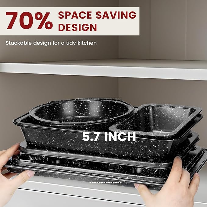 10-Piece Baking Pans Set, Bakeware Sets Nonstick, Baking Set for Oven Cooking, Stackable Carbon Steel Set Include Cookie Sheets, Muffin Pan, Cake Pan, Pizza Pan, Loaf Pan, Roasting Pan, Black