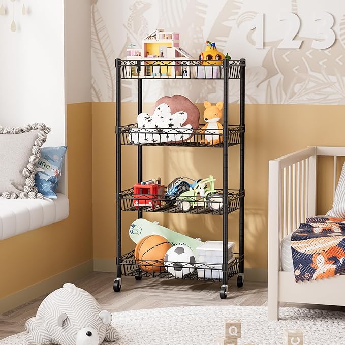 SINGAYE 4 Tier Basket Shelf Wire Shelving Unit Adjustable Storage Shelves Big Basket Rack for Garage Kitchen Office Pantry Corner 17" Dx12 Wx50 H Black