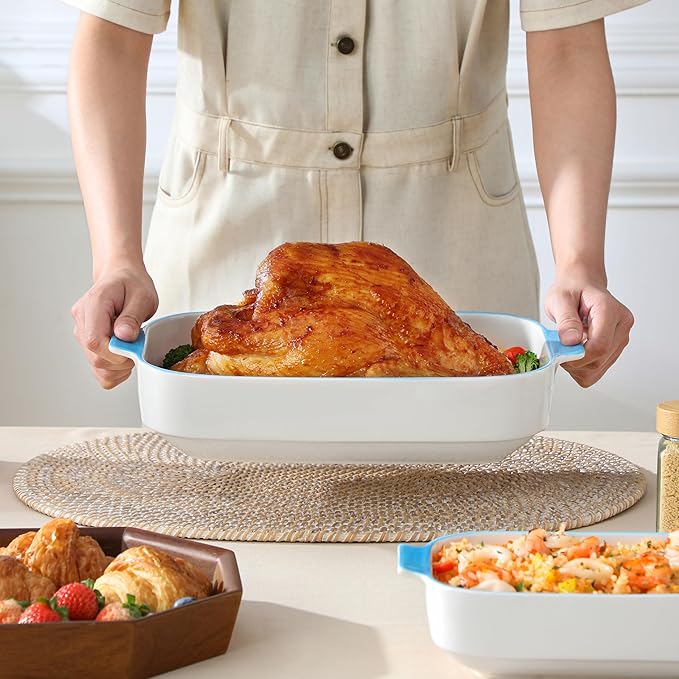 MALACASA Casserole Dishes for Oven, Ceramic Baking Dishes Set of 3, Rectangular Lasagna Pan Deep Baking Pans, Bakeware Sets with Handles Gift Set, White with Blue Trim(13.8''/11.7''/9.4''), Series BAKE