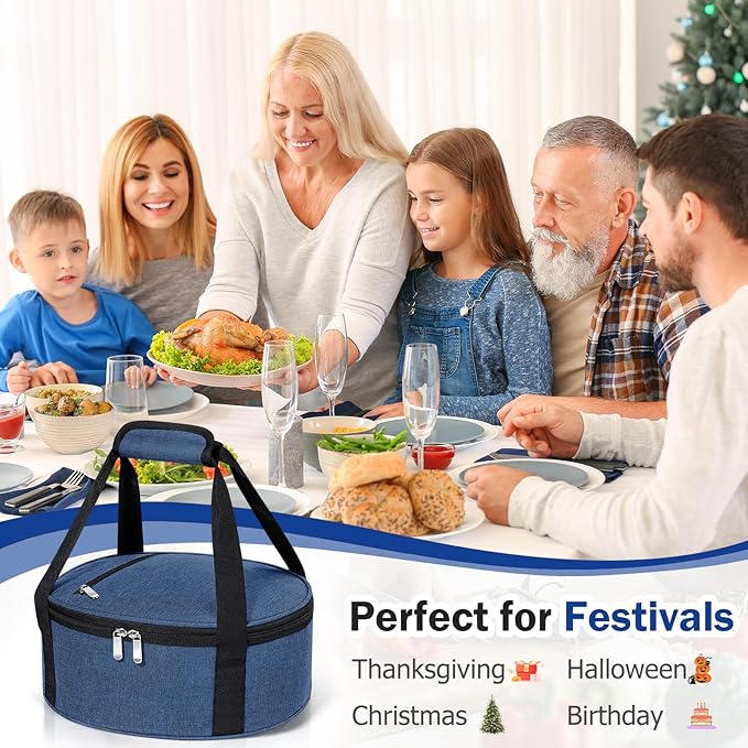 Round Insulated Casserole Carrier, Pie Carrier Bag, Portable Casserole Carrier for Hot or Cold Food Lunch Tote Warmer or Cooler Bag, Lunch Bag for Parties Picnic, Fits 12.5" Baking Dish, Navy Blue