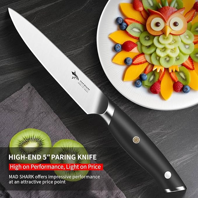 MAD SHARK 5 inch Paring Knife, Small Kitchen Knives Ergonomic Handle, Ultra Sharp Fruit Knife for Fruits,Vegetables, Forged Synergy by German Stainless Steel