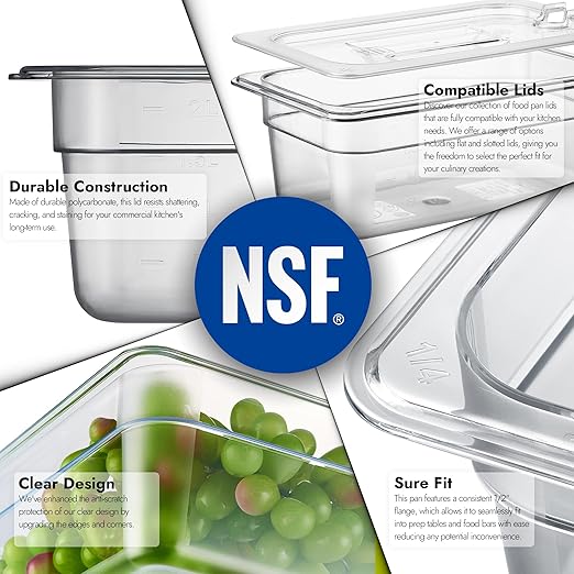 CURTA 6 Pack NSF Food Pans, 1/4 Size 4 Inch Deep, Commercial Polycarbonate Plastic Clear Freezer-Safe