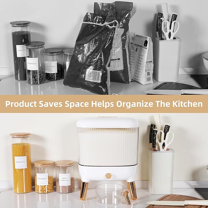 Rice Dispenser 25 Lbs - Flour and Rice Container - Space Efficient Food Dispenser for Organized Storage - Save Time & Effort with Easy Dispensing - Stylish Countertop Solution