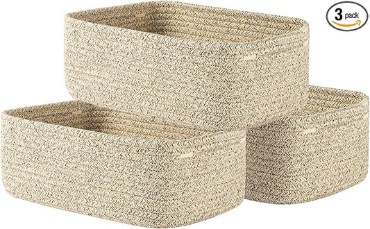 Small Woven Basket, 12 x 8 x 4.5 Inches, Storage Basket for Organizing, Cute Small Rope Shelf Closet Cube Storage Bins Baskets for Shelves, Dog Toy Gift Baskets Empty, 3 Packs, Mixed Brown
