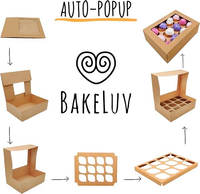 BAKELUV Brown 12 Cupcake Boxes, Cupcake Containers | 13x9.5x4, 25 Pack | 12 Cupcake Box Bulk, Cupcake Boxes 12 Count Carrier, Option to 14x10x4 Bakery Boxes with Window, ¼ Sheet Cake Box 13x9 Inches
