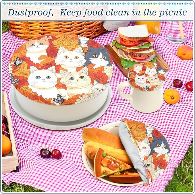 5 Pcs Bowl Covers Reusable in 5 Size Elastic Food Cover Cloth Lids Fresh Keeping Dish Cookware Bakeware Fabric Covers Lids for Food Leftovers Fruits Storage Orange Chrysanthemum and Cute Ca