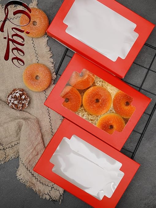 qiqee Red Cookie Boxes for Gift Giving 8x5.3x2 inch 24Packs Red Treat Box with Window Bakery Box for Donuts Candies and Biscuit