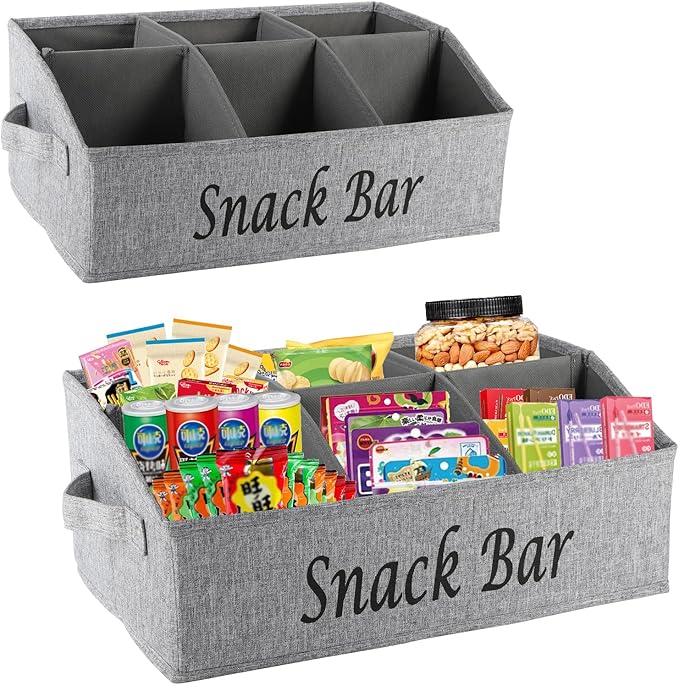 2 Pack Countertop Snack Organizer, Fabric Snack Box Basket with Handles, 6 Compartment Kitchen Cabinet Pantry Organizer and Storage - Grey