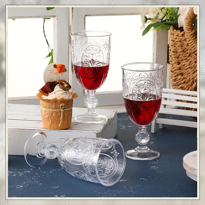 48 Pcs Plastic Goblets 7.5oz Vintage Goblet Plastic Wine Glasses Colored Retro Embossed Water Goblets for Wine Bar Juice Baby Shower Wedding Reception Grand Event Party (Clear)