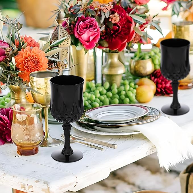 JLYLOL Plastic Vintage Wine Glasses 7OZ Plastic Goblets Vintage Drinking Glasses 12PCS Retro Wedding Glassware Water Goblets Reusable Drinking Cups for Party,Reception,Celebration,Bar,Whiskey(Black)