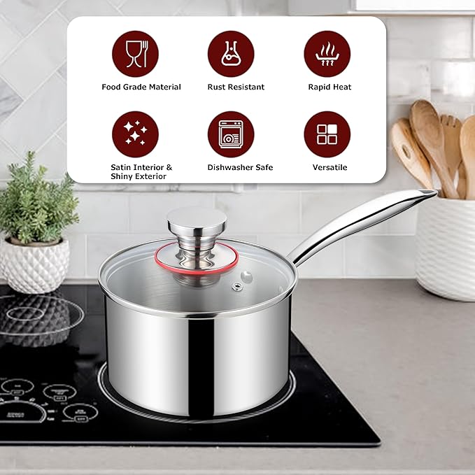 2 Quart Saucepan with Lid, Homikit 2QT Tri-Ply Stainless Steel Sauce Pan with Ergonomic Handle, Heavy Bottom Small Pot for Kitchen Cooking, Compatible with All Cooktops for Boiling Eggs Warming Milk