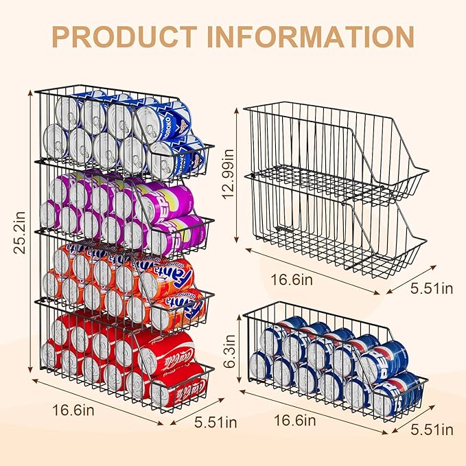 4-Tier Stackable Can Rack Organizer for Kitchen Pantry,Max Can Storage Holder,Durable Can Dispenser & Canned Goods Organizer for Fridge,Hold More 44 Cans, for Various Ounces of Canned Food Soda Drinks