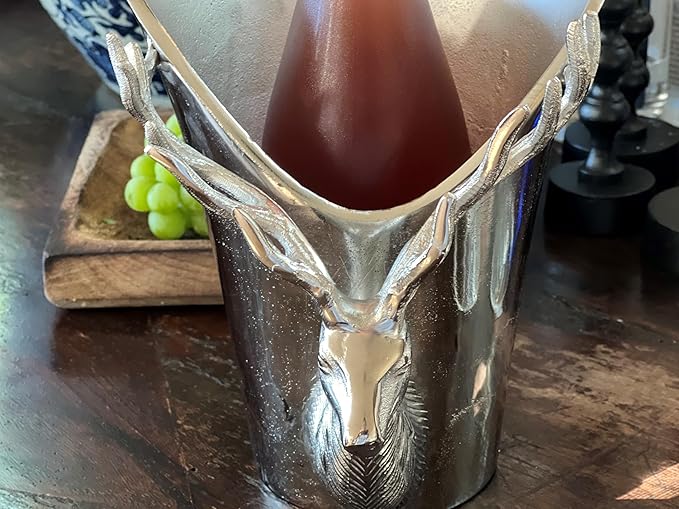 WHW Whole House Worlds Luxury Stag Head Champagne Bucket, Asymmetrical Flared Opening, Hand Cast, Silver Aluminum, Gleaming Polish, 9 Inches