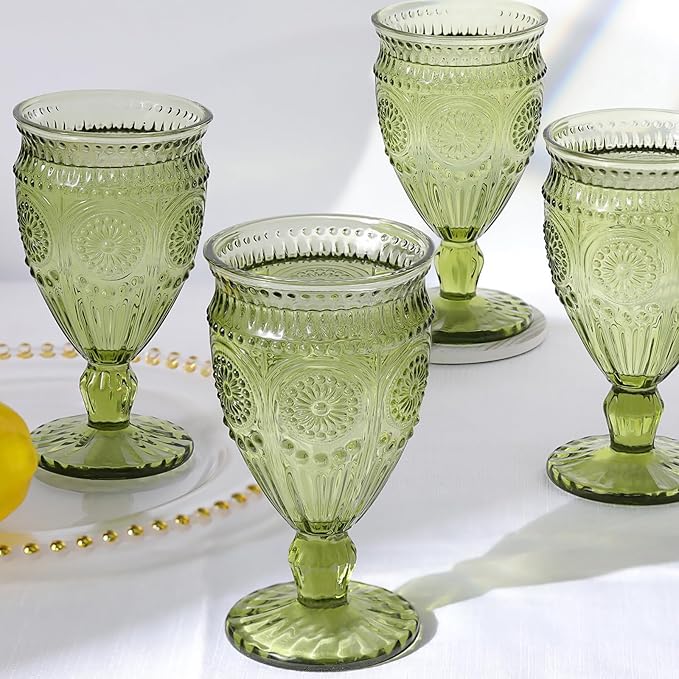4Pcs Green Wine Glasses, 12oz Glass Goblets, Vintage Drinking Glassware, Colored Glassware Set for Party Home Wedding Baby Shower