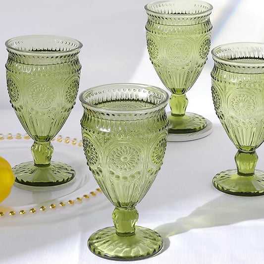 4Pcs Green Wine Glasses, 12oz Glass Goblets, Vintage Drinking Glassware, Colored Glassware Set for Party Home Wedding Baby Shower