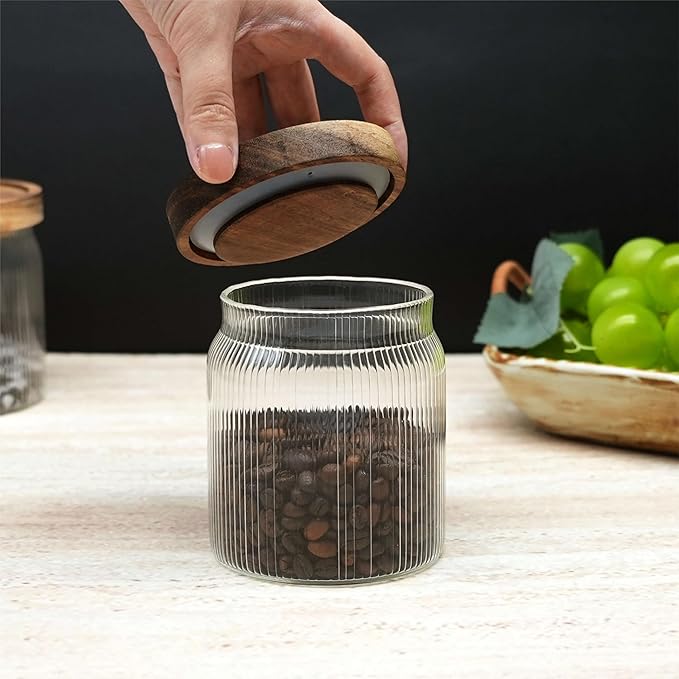 Ribbed Glass Storage Jars Set of 2 – Airtight Food Canisters with Wooden Lids, Stackable Kitchen Organizers for Coffee, Tea, Spices & Dry Goods (8.5oz)