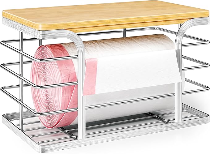 Trash Bag Holder with Bamboo Top, Wall Mount 304 Stainless Steel Garbage Bag Dispenser,Stackable Storage for Kitchen Laundry Organization,Silver Small