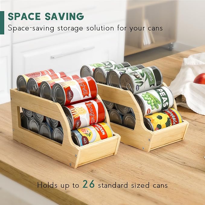 Bamboo Can Organizers and Storage for Pantry, Soda Can Organizer Beverage Drink Holders, Stackable Canned Goods Organizer Can Dispenser for Pantry, Kitchen, Cabinet (2 Pack)