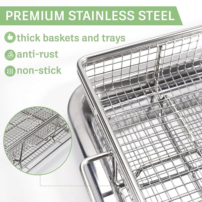 Air Fryer Basket for Full Size Oven,2 PCS-Set,Sturdy Basket & Baking Crisper Tray Pan for Easy Cleaning and Crispy Results,Stainless Steel Air Fryer Accessories,with one Removable Handle,15''×11''