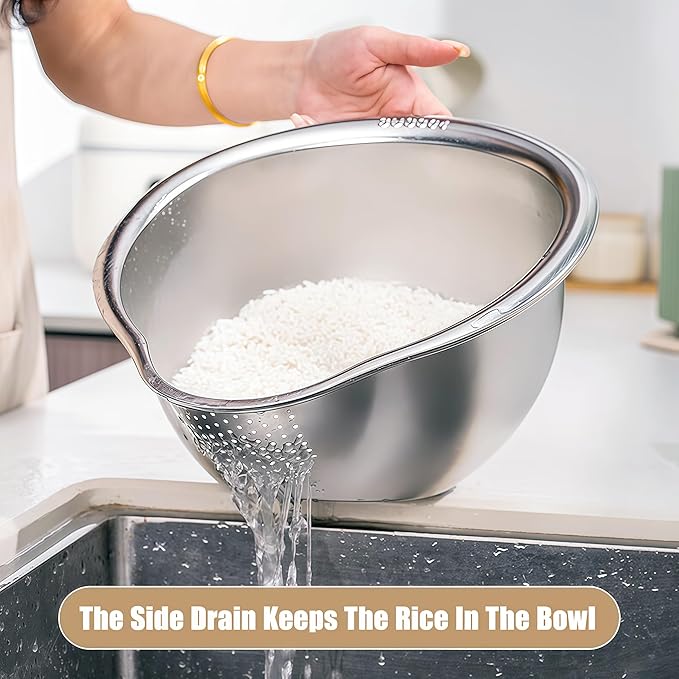 Rice Washing Bowl with Side Drainer Strainer Small Quinoa Washer Bowl, Stainless Steel Colander for Cleaning Fruits, Vegetables, and Beans - Versatile Kitchen Tool