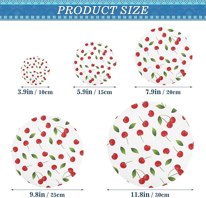 5 Pcs Bowl Covers Reusable in 5 Size Elastic Food Cover Cloth Lids Fresh Keeping Dish Cookware Bakeware Fabric Covers Lids for Food Leftovers Fruits Storage Cherries Fruit White