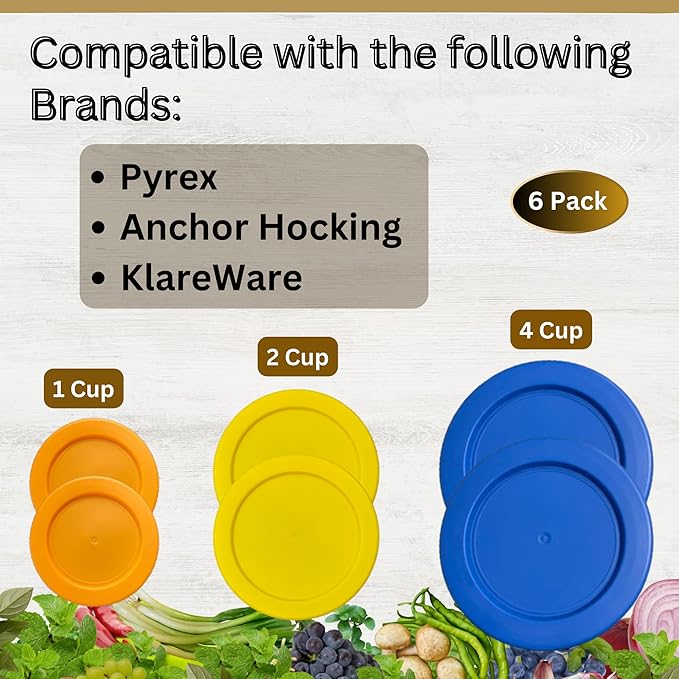 1, 2 & 4 Cup Orange, Yellow, Blue Replacement Lids/Covers for Pyrex, Anchor Hocking & KlareWare Storage Bowls *Lids Only Glass Container Not Included* (6 Pack *Two of Each Size*)