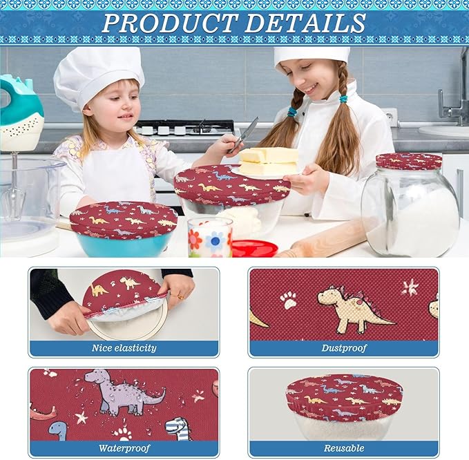 5 Pcs Bowl Covers Reusable in 5 Size Elastic Food Cover Cloth Lids Fresh Keeping Dish Cookware Bakeware Fabric Covers Lids for Food Leftovers Fruits Storage Red Dinosaur Stars and Paw Print