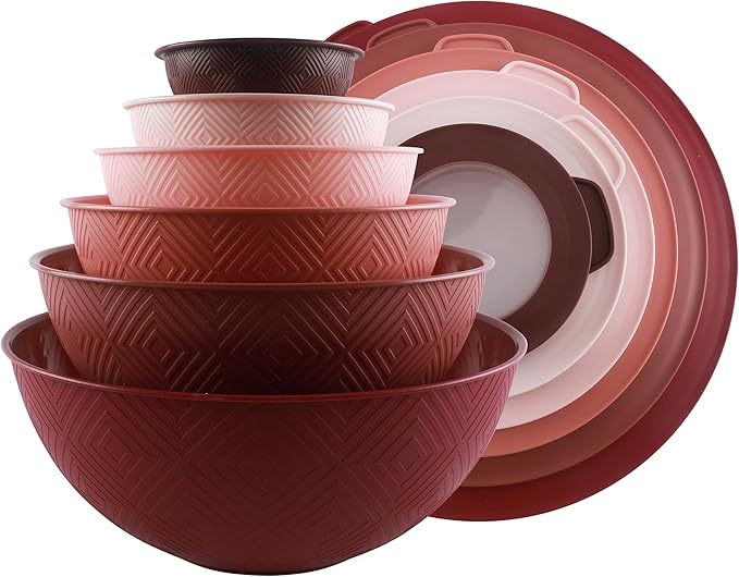 COOK WITH COLOR Mixing Bowls with Lids - 12 Piece Plastic Nesting Bowls Set includes 6 Prep Bowls and 6 Lids, Rhombus Design - Microwave Safe (Rose)