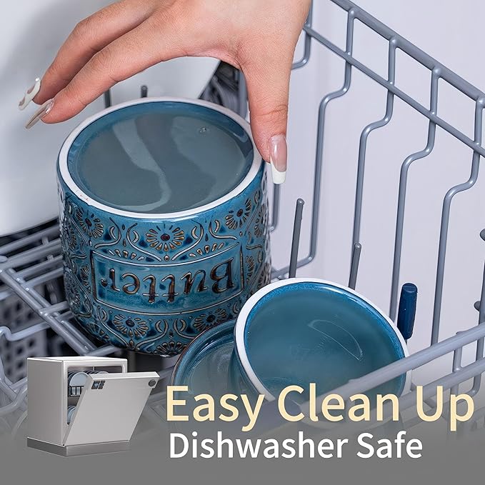 Ceramic Butter Crock with Lid, French Butter Dish with Water Line for Countertop, Butter Keeper for Spreadable Butter, Container Holder for Kitchen and Home Decor, 6.7 OZ, Vintage Blue