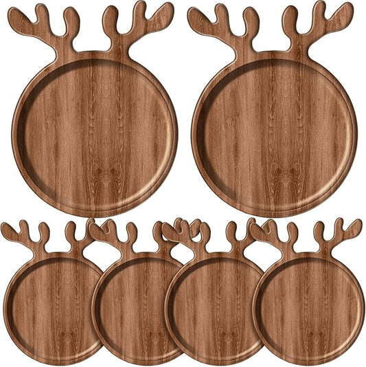 6 Pcs Christmas Appetizer Platter 12 Inch Christmas Cutting Board Acacia Serving Trays Wood Charcuterie Board Tray Snack Dessert Candy Dish Plate for Kitchen Gifts(Deer Antle)