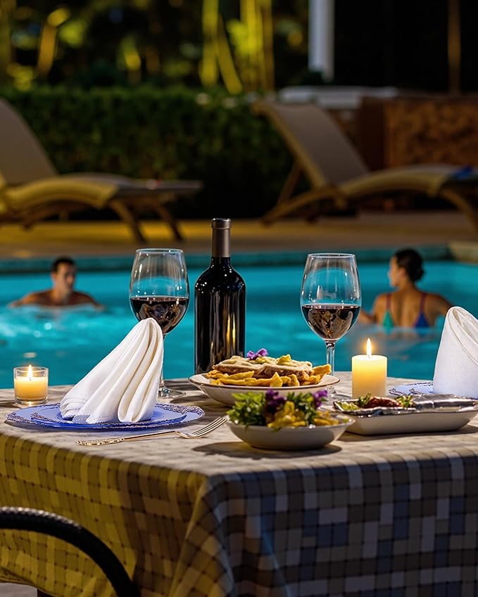 Nervure 350PCS Blue Plastic Plates - Blue Plastic Dinnerware Sets for 50 Guests - 100 Disposable Plates, 150 Gold Silverware, 50 Cups, 50 Napkins for Wedding & Party & Thanksgiving Day