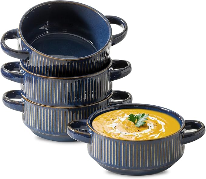 Soup Bowls with Handles, 20 oz French Onion Soup Crocks, Stackable Soup Bowl Oven Safe for Chili, Beef Stew, Embossment Ceramic Bowl Set - 5.4 Inch, Set of 4，Blue