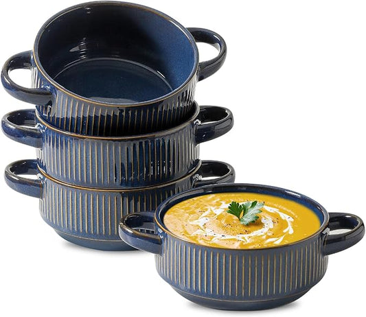 Soup Bowls with Handles, 20 oz French Onion Soup Crocks, Stackable Soup Bowl Oven Safe for Chili, Beef Stew, Embossment Ceramic Bowl Set - 5.4 Inch, Set of 4，Blue