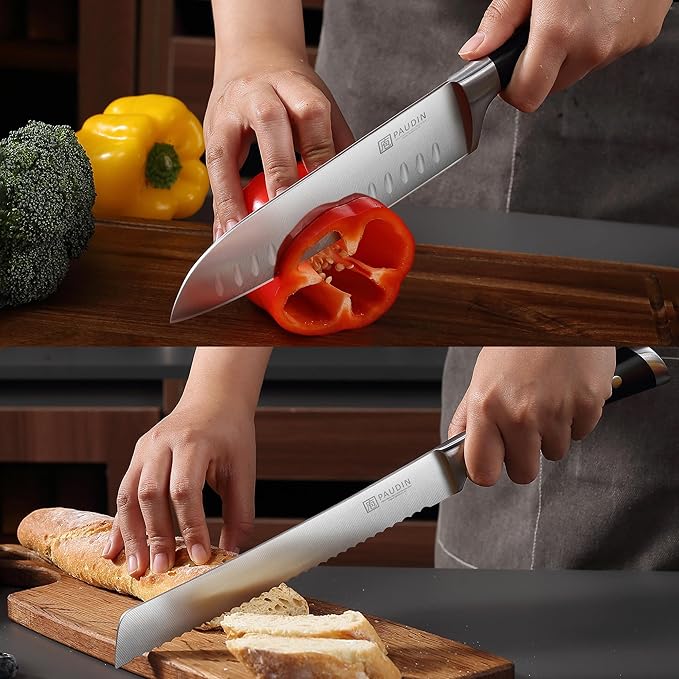 PAUDIN Knife Block Set, 15 Pieces Knife Set with Block, High Carbon Stainless Steel Kitchen Knife Set with Sharpener, Knives Set for Kitchen with Full Tang Triple Rivet Handle