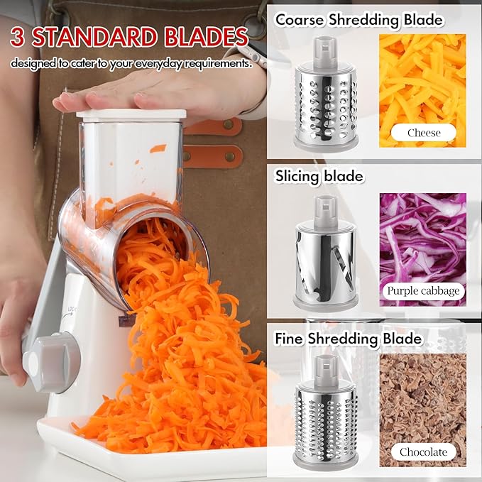Ourokhome Rotary Cheese Grater Hand Crank, Kitchen Shredder Speed Mandolin Slicer Ice Shaver with Handle and Drum Blades for Cheese, Vegetable, Nuts, Chocolate, Potato, Carrot, 5 Blades, White