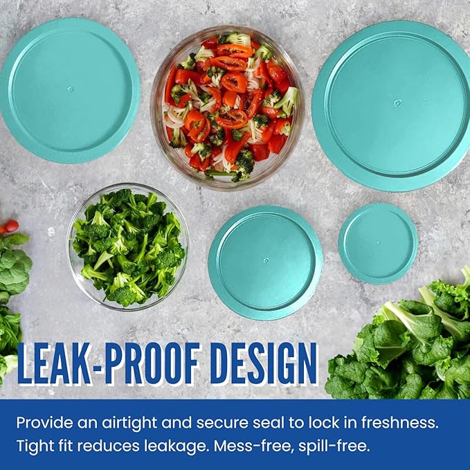 Replacement Lids for Pyrex 2-Cup Glass Food Storage Container Bowls, 5-Inch Plastic Round Lids Covers fits Pyrex 7200-PC, Airtight & Leakproof (2-Pack, Turquoise)