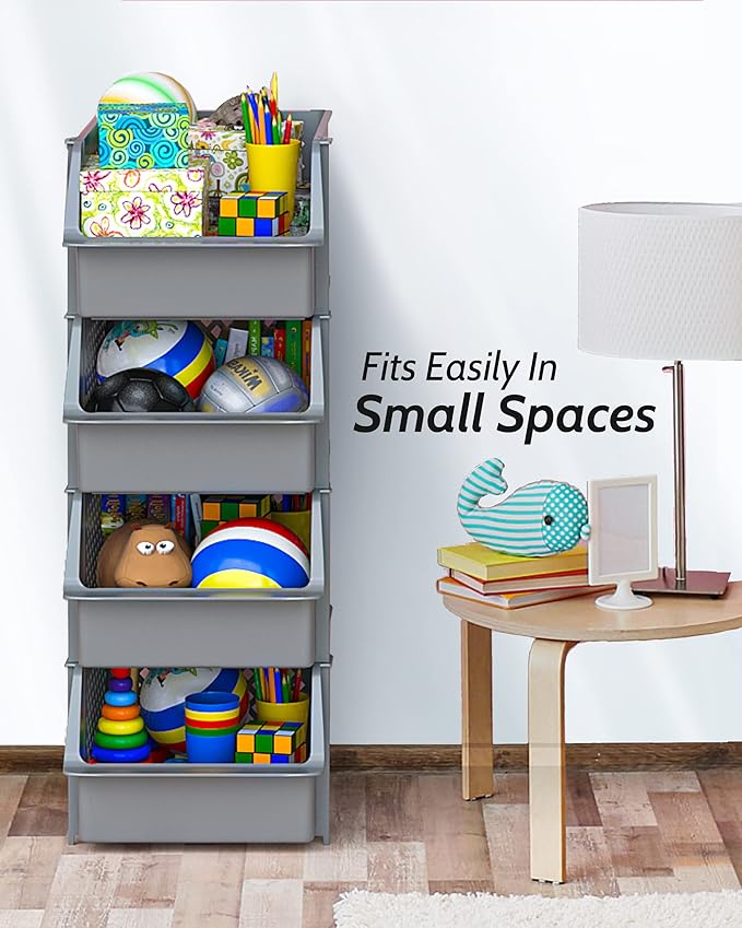 TidyFriend Stackable Storage Bins for Closet Organizers and Storage 4 Pack, Garage Storage Bin Stackable, Bathroom and Garage Organizer (Grey)