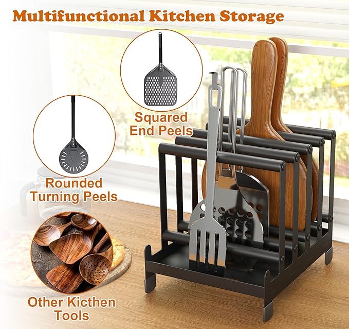 lesolar Pizza Peel Rack with 5 Slots, Steel Pizza Turner Pizza Paddle Organizer, Pizza Holder Rack with Non-Slip Feet, Pizza Turning peel Holder Rack Space Saving, Outdoor Pizza Oven Accessories