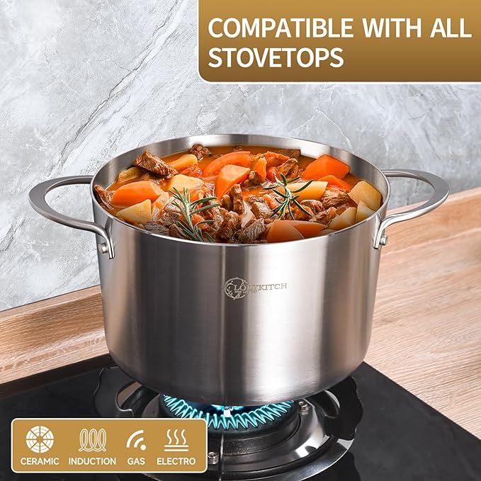 LOLYKITCH Tri-ply Stainless Steel 3 QT Stock Pot with Lid and Steamer,Induction Cooking Pot,Steamer Cookware,Dishwasher and Oven Safe.