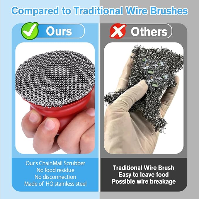 Onewly Cast Iron Scrubber and Scraper, Chain Mail Scrubber Cast Iron for Cleaning Dishes, Stock Pots, Pans, Griddles, Grills, Dish Scouring Pads