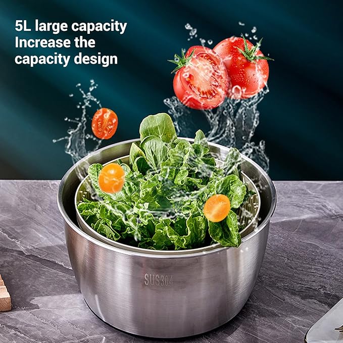Stainless Steel Salad Spinner 5L, Multifunctional Vegetable Dryer with with Lid Drain Bowl Colander for Home Kitchen