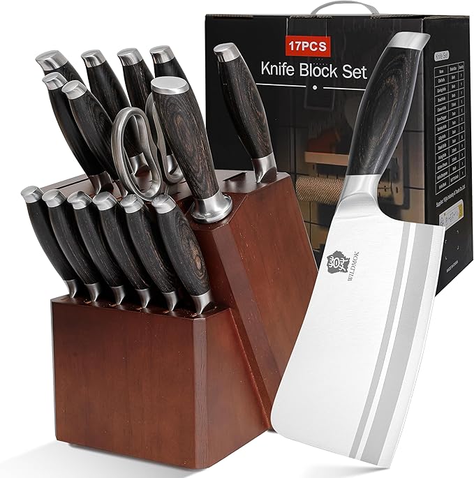 WILDMOK Kitchen Knife Block Set, 17-piece Knife Set with Wooden Block German Steel Kitchen Knives Sets with Bone Chopper, Gift Box