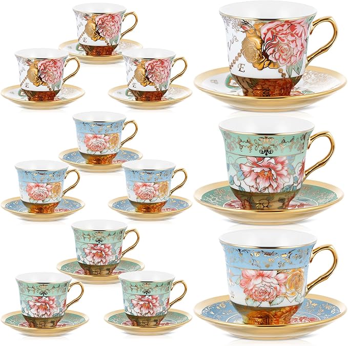 Set of 12 Tea Cups and Saucers Tea Party Decorations Floral Porcelain 5.4 oz British Gift for Women Birthday Party, Church, and Mother's Day (Classic Style,5.4 oz)