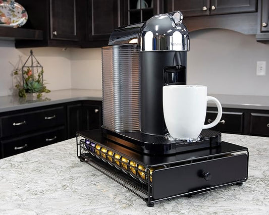 Nifty Vertuoline Rolling Coffee Pod Drawer – Satin Black Finish, 40 Pod Capsule Holder, Compact Under Coffee Pot Storage, Office or Home Kitchen Counter Organizer
